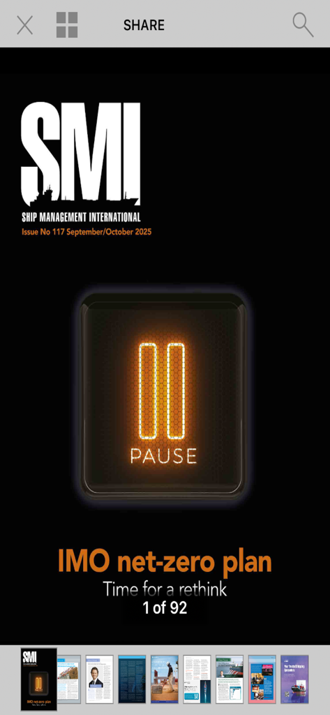 Ship Management International - Ship Management International magazine app cover showing the IMO net zero plan article