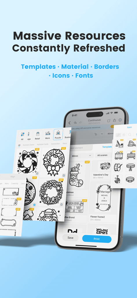 Labelnize - A mobile interface of the Labelnize app showcasing a library of label templates, icons, and decorative borders