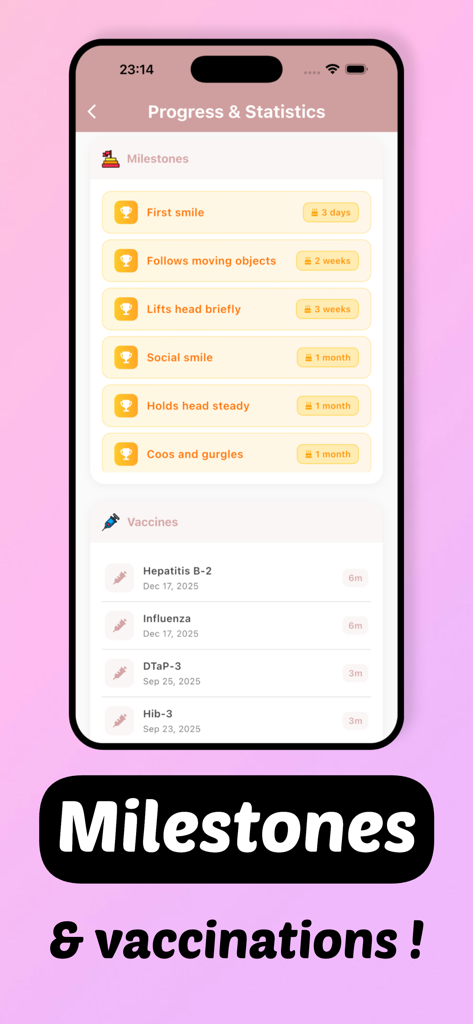 A mobile screen showing tracked baby milestones and a vaccination schedule in the My Avocado app.