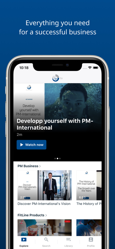 PM.TV - Mobile interface of the PM.TV app displaying business development and product training videos.