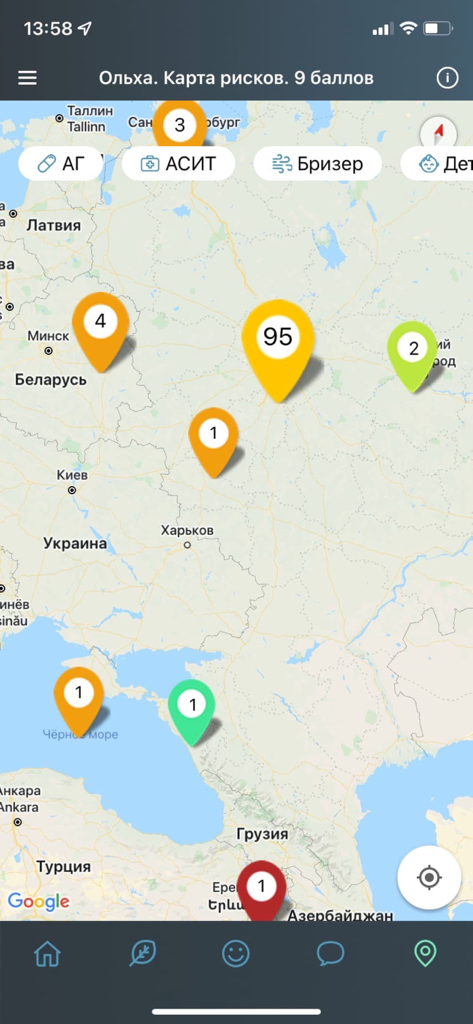 Pollen Club - A map interface in the Pollen Club app showing localized pollen risk levels and user-reported well-being data across different regions.