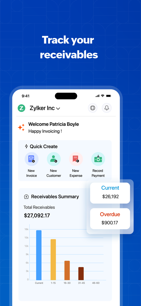Zoho Invoice Maker App - Zoho Invoice Maker App dashboard showing receivables summary with current and overdue payments tracking
