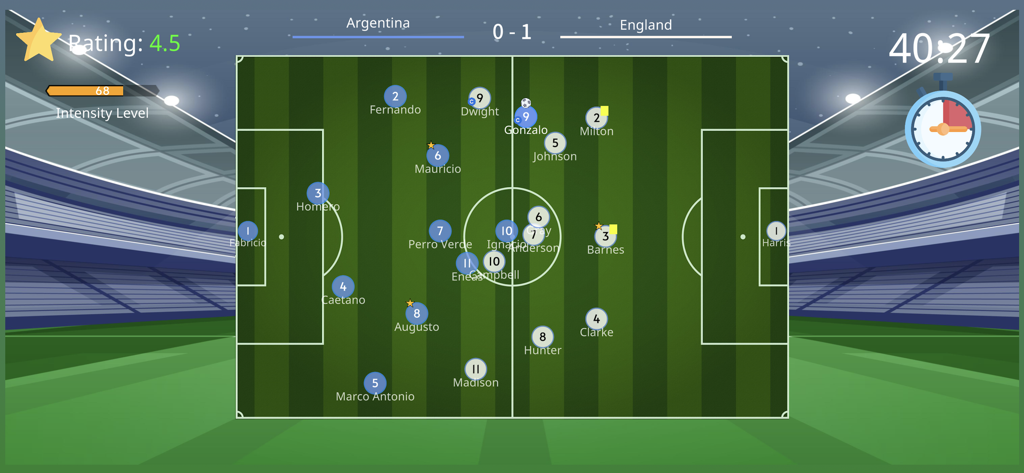 Visão de jogabilidade de cima de uma partida de futebol entre Argentina e Inglaterra no aplicativo móvel Simulador de Árbitro de Futebol