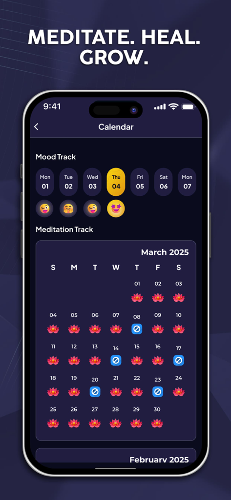 Rooted Center - Rooted Center app interface showing mood and meditation progress on a calendar