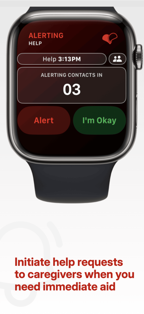 EpiWatch App-Oberfläche auf einer Apple Watch, die einen aktiven Notfallalarm und einen Countdown für die Benachrichtigung von Betreuern anzeigt.