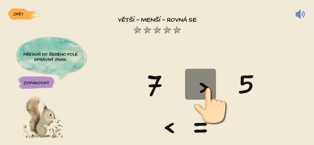 Školáček EDU - Pantalla de juego de matemáticas educativas de Skolacek EDU que muestra un ejercicio de comparación de números con una ardilla de dibujos animados.