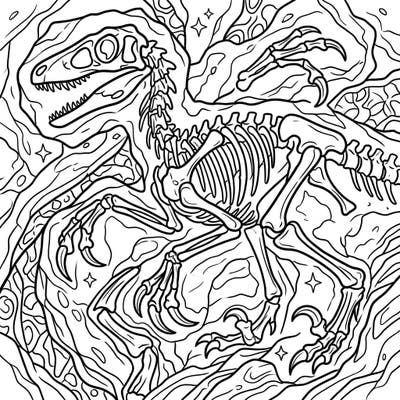 Embark on a prehistoric journey with this captivating Velociraptor fossil coloring page. Delve into the intricate skeletal remains of this fearsome dinosaur, set against a rich backdrop of geological textures.
