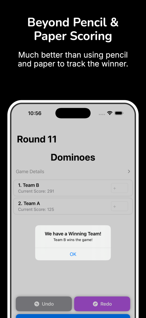 Universal Score Keeper - Universal Score Keeper app screen announcing the winning team for a game of Dominoes