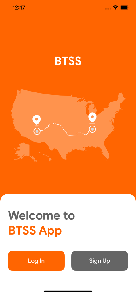 Bytech Systems Services - Welcome screen of the BTSS delivery services app featuring a USA map graphic with a navigation route and login and sign up buttons