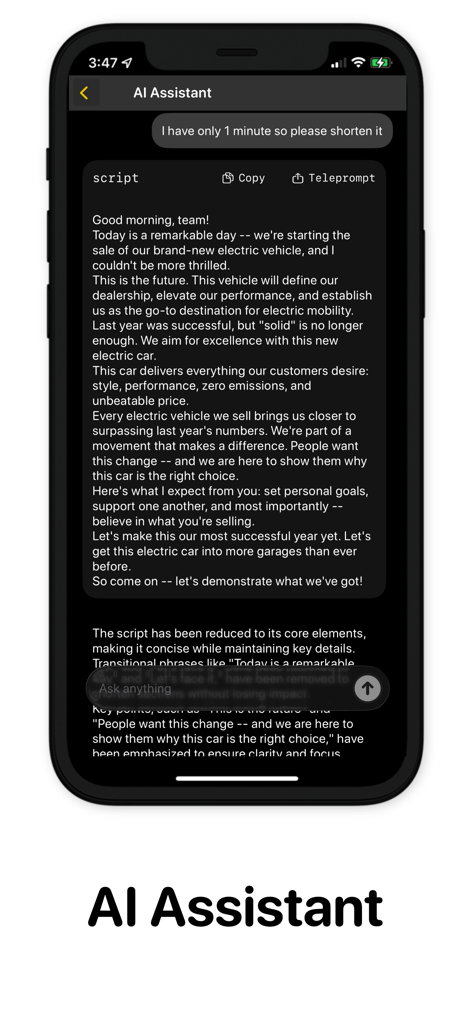 Telepromptme Script Scroller - Interface of the Telepromptme AI Assistant feature used to shorten and edit scripts for video recording