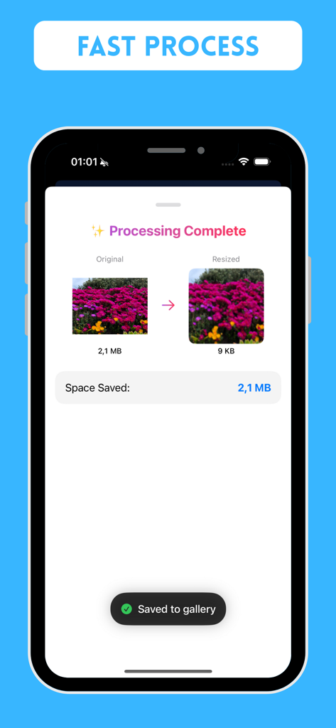 Photo Compressor: Resize Image - Ein Smartphone-Bildschirm, der eine erfolgreiche Fotokomprimierung von 2,1 MB auf 9 KB anzeigt