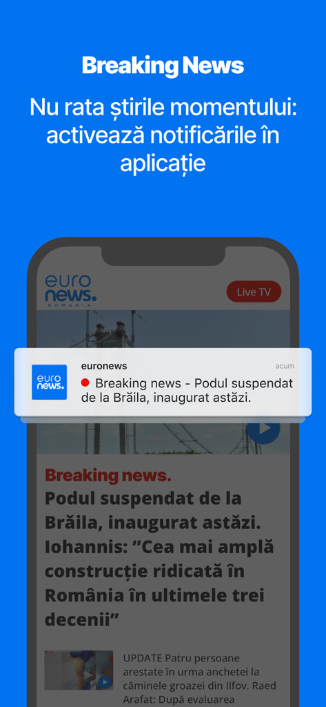 A smartphone displaying a breaking news notification from the Euronews Romania app on a blue background.