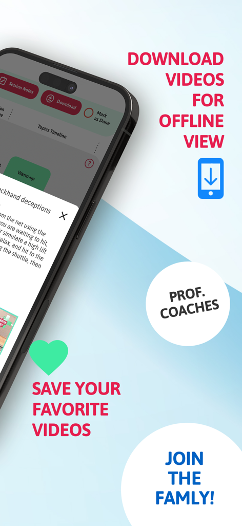Screenshot der Badminton Famly App, der Offline-Video-Downloads und professionelle Coaching-Funktionen zeigt.