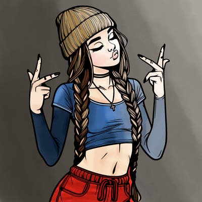 realistic teenage girl with braids and a beanie and crop top doing 🫶🏼