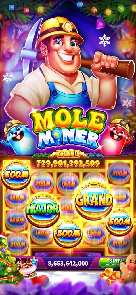 Jackpot Wins - Slots Casino - Una colorida captura de pantalla de la máquina tragamonedas "Mole Miner" en la aplicación Jackpot Wins Slots Casino, con grandes recompensas de jackpot y un personaje minero.