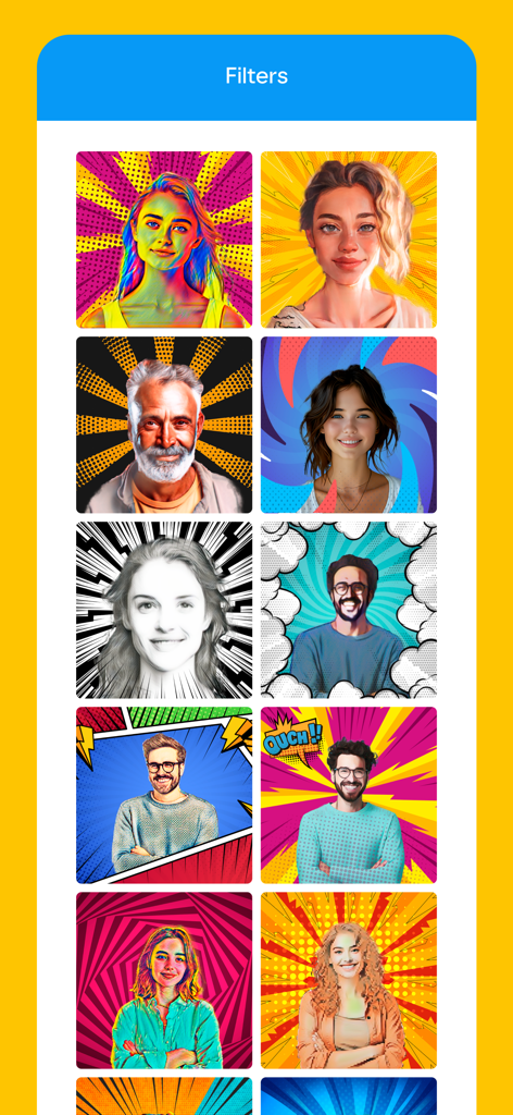 Toon Me - filter for selfie - A grid of portrait filters showing various cartoon, pop art, and sketch styles for selfies in the Toon Me app