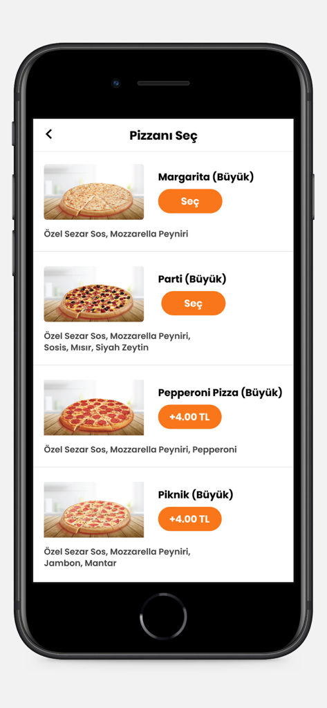 Little Caesars Türkiye mobile app interface showing a list of large pizzas available for selection including Margarita and Pepperoni