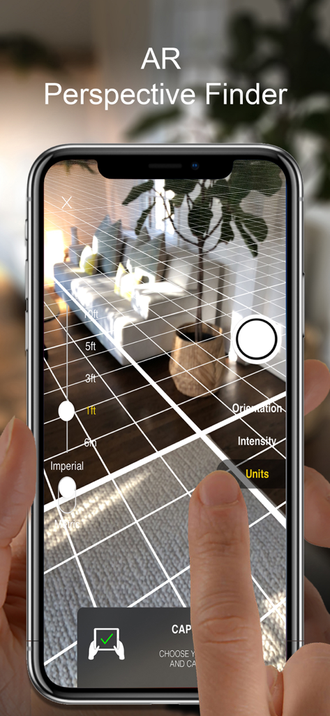 Tela de smartphone mostrando o recurso AR Perspective Finder no aplicativo Morpholio Trace com uma grade de perspectiva sobrepondo uma sala