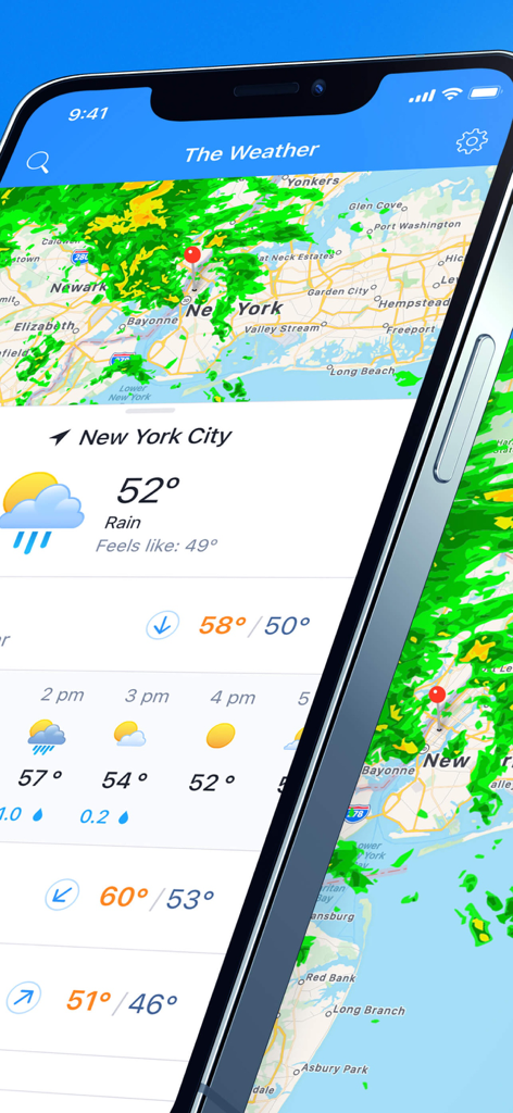 iPhone screen displaying a live weather radar map and local forecast for New York City