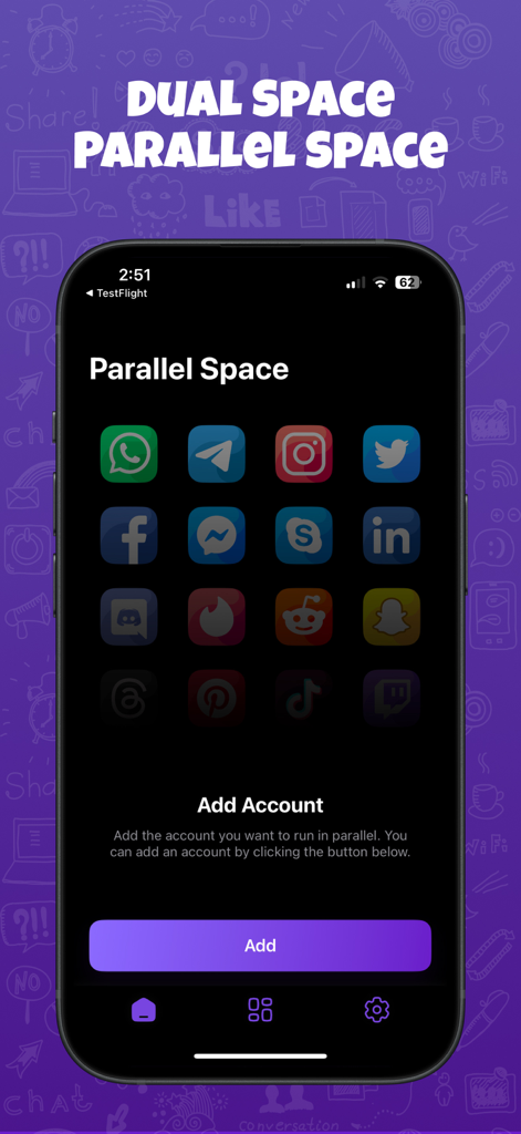 Dual Chat : Web Scan - Interfaz de la aplicación Dual Chat mostrando la función de espacio paralelo para gestionar múltiples cuentas de redes sociales en un dispositivo