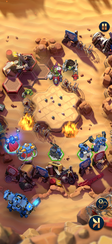 Battaglia tattica a turni con Space Marines e Orki su una griglia esagonale in Warhammer 40.000 Tacticus