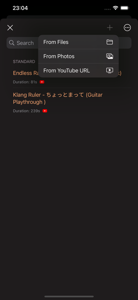 Loopit app interface showing a menu to import video and audio from files, photos, and YouTube URLs for looping practice.