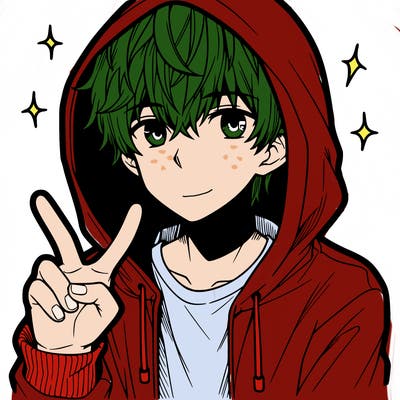 teenage manga boy in a hoodie, doing ✌