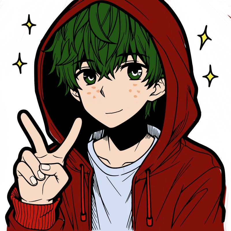 teenage manga boy in a hoodie, doing ✌