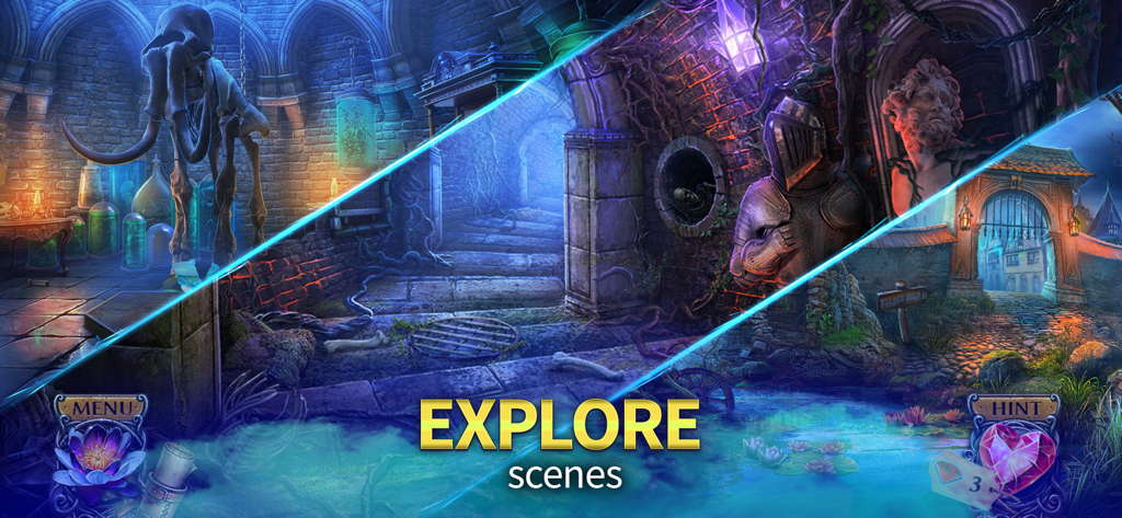 Black Lotus (F2P Adventure) - 巨大な骨格の部屋、ダンジョンの廊下、夜の村のシーンなど、さまざまなミステリーテーマのゲーム環境のコラージュ。