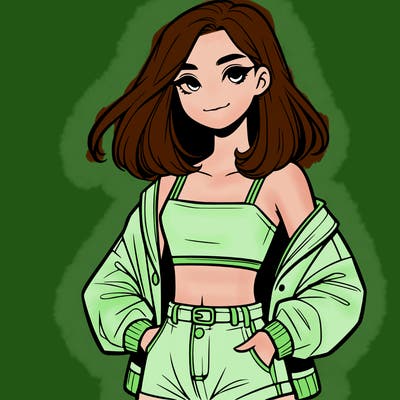a realistic girl with a crop top and short shorts in an open jacket
