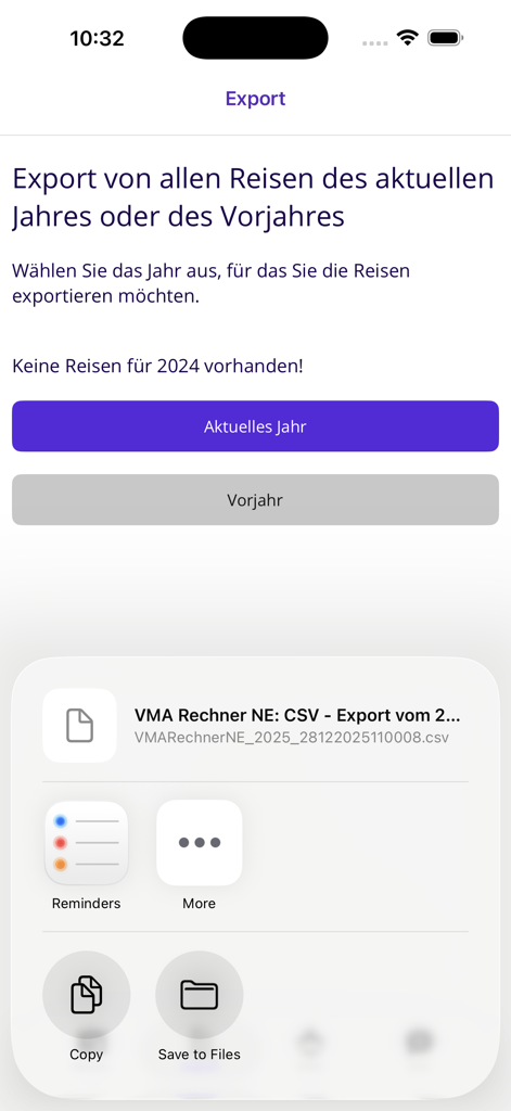 VMA Rechner NE - Tela de exportação do aplicativo VMA Rechner NE mostrando opções de compartilhamento de arquivos CSV para relatórios fiscais