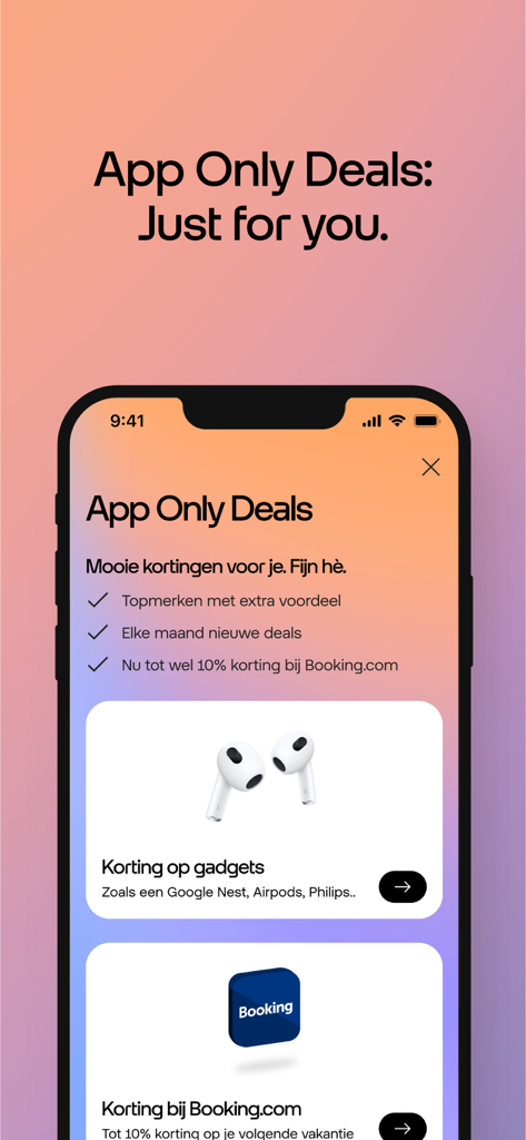 Odido mobile app screen showing exclusive app-only deals for gadgets and travel discounts