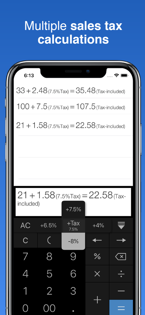 Rapid & Quick Calculator - Rapid and Quick Calculator app interface showing sales tax calculations and a history tape