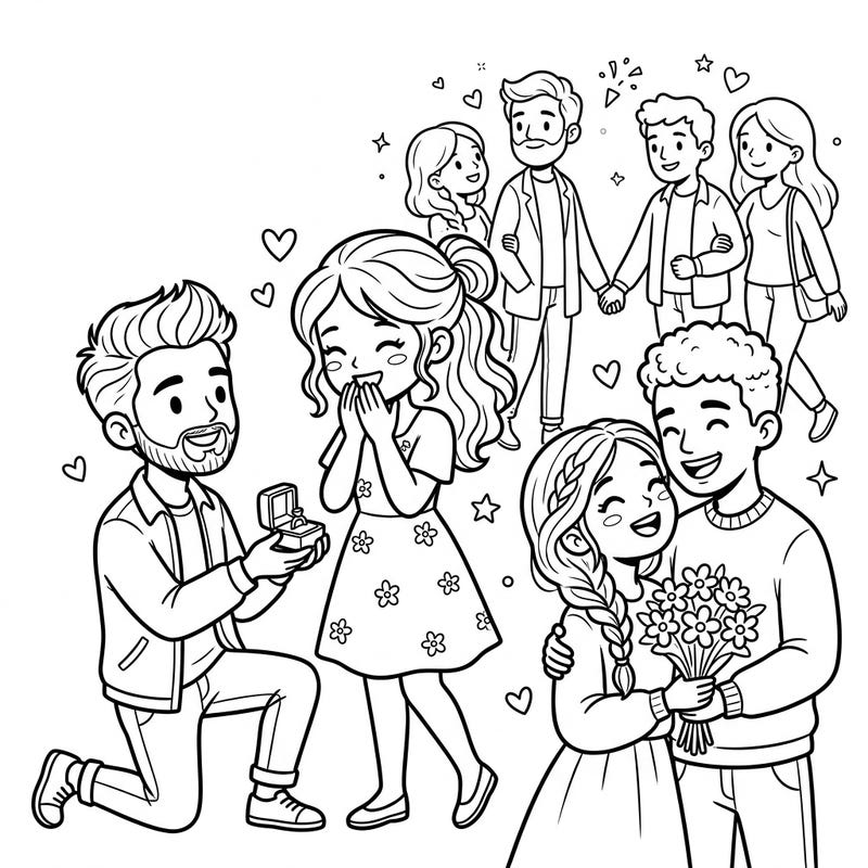 Spark imagination with this heartwarming coloring page featuring happy engaged couples. Designed specifically for kids, it's a delightful way to explore themes of love, commitment, and celebration through art.