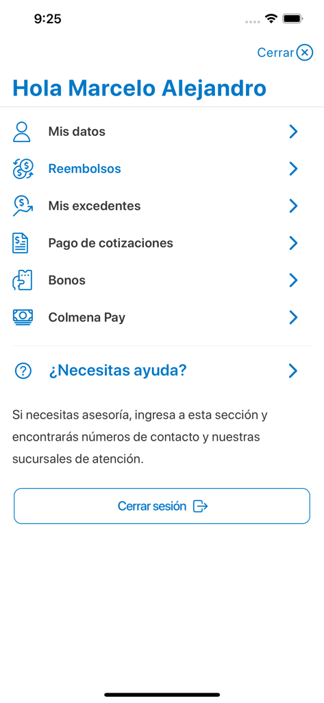 User menu of the Colmena health insurance app displaying various service options