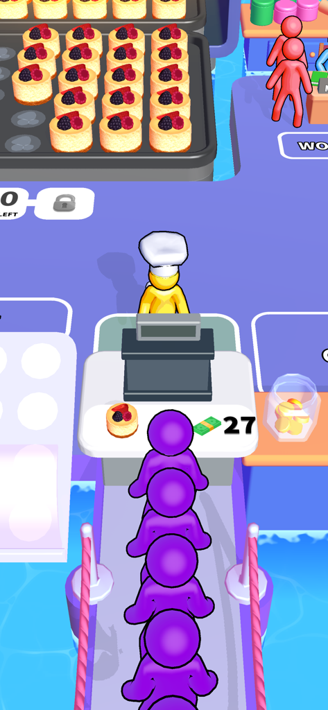 Baking Time! - Un personaje panadero amarillo sirviendo a una fila de clientes morados en el mostrador de una pastelería en el juego Baking Time