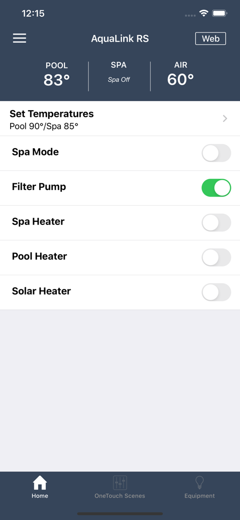iAquaLink mobile app dashboard showing pool and spa temperature status with equipment toggle controls