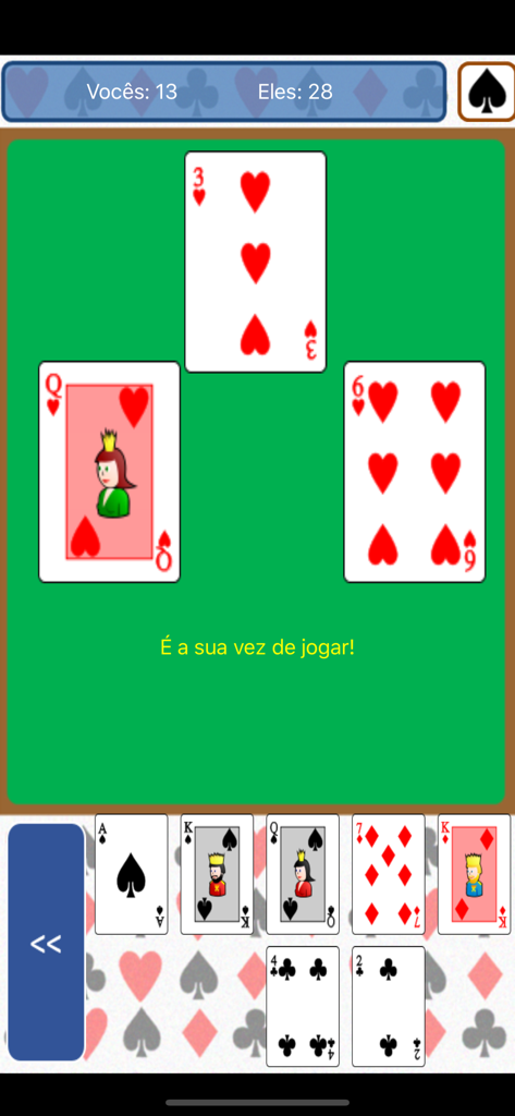 Gameplay screen of the Sueca Portuguese card game showing a match in progress.