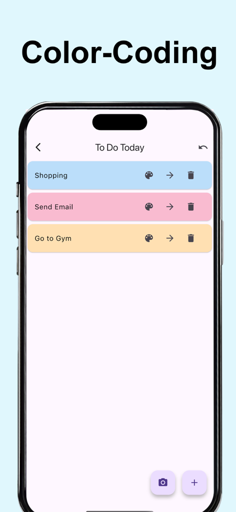 A mobile screen showing color coded notes and to-do lists in the Memo-Only Memopad app