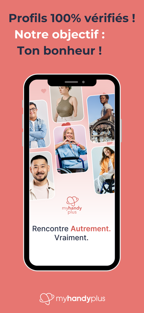MyHandyPlus - Smartphone screen displaying diverse verified profiles on the MyHandyPlus inclusive dating app