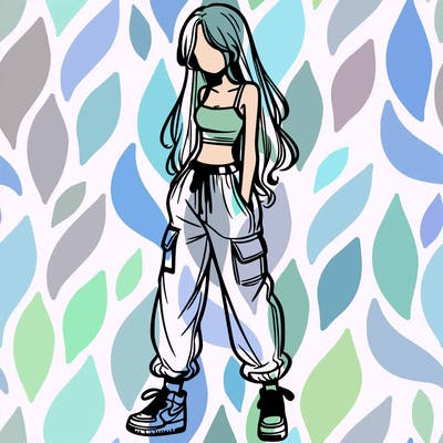 girl in baggy pants crop top and long hair