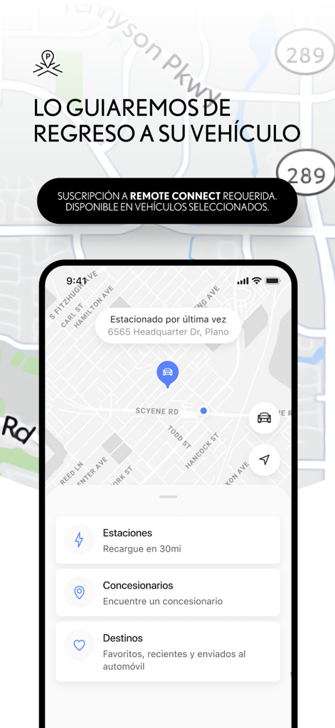Lexus - Smartphone screen displaying the Lexus app vehicle locator map in Spanish