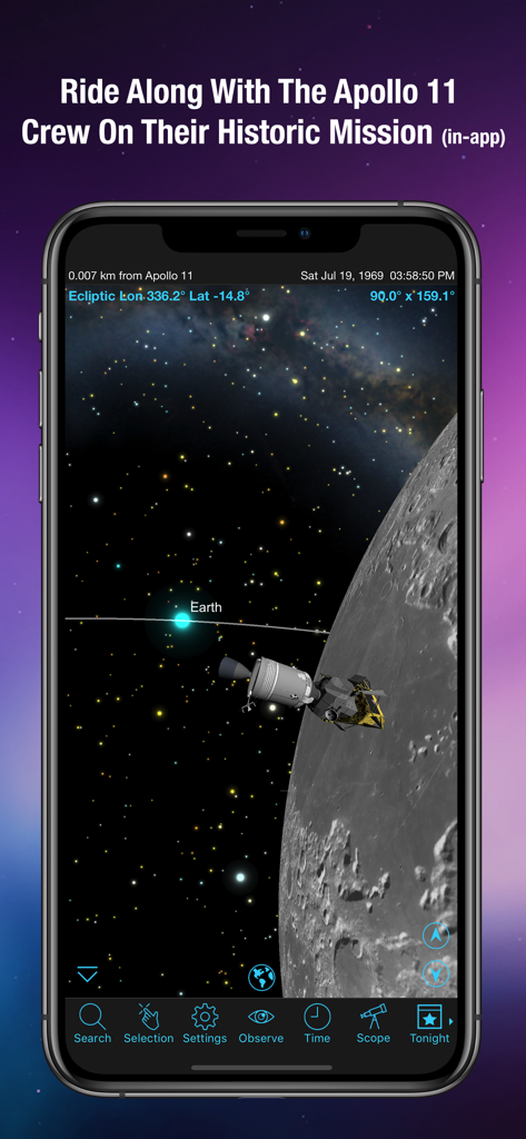 SkySafari 6 Pro - SkySafari 6 Pro app screenshot simulating the Apollo 11 mission near the moon with Earth in the distance