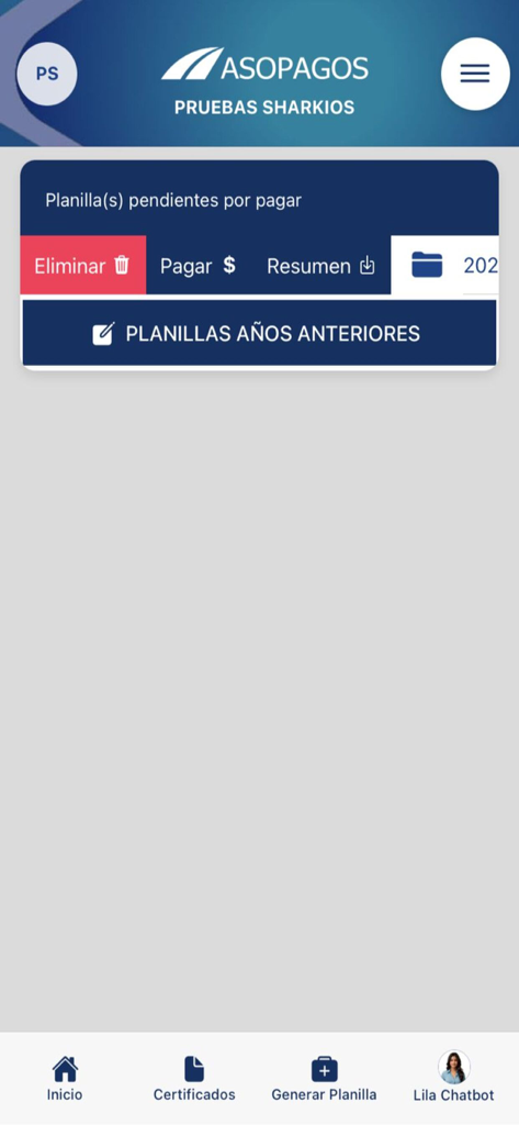 Panel de control de la app Asopagos mostrando formularios pendientes de pago de seguridad social y opciones de navegación