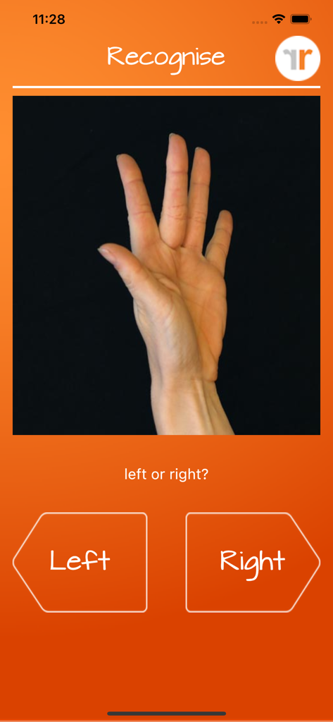 Interface of the Recognise app showing a hand and buttons to select left or right for graded motor imagery training