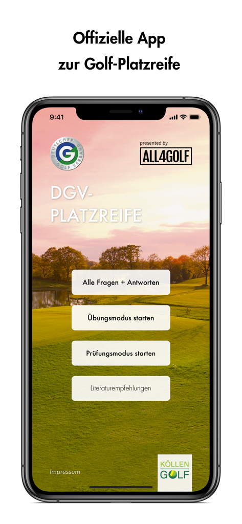 DGV-Platzreife - Official DGV-Platzreife golf license app home screen showing practice and exam modes