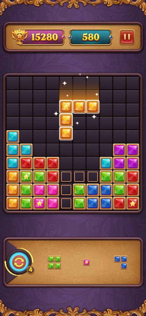 Block Puzzle: Diamond Star - Tela de jogo do Block Puzzle Diamond Star com blocos de joias coloridos em uma grade