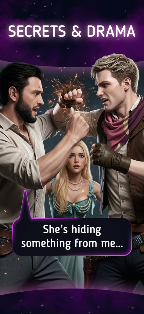 Midnight Stories: Choices Game - Two men in a tense confrontation with a concerned woman in the background and a dialogue bubble saying she is hiding something.