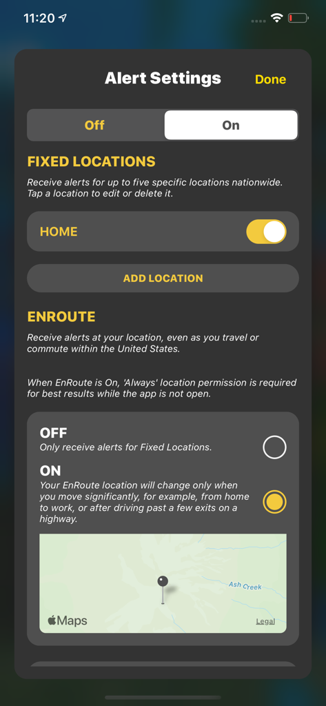 StormWatch plus alert settings screen showing fixed locations and EnRoute travel weather alerts