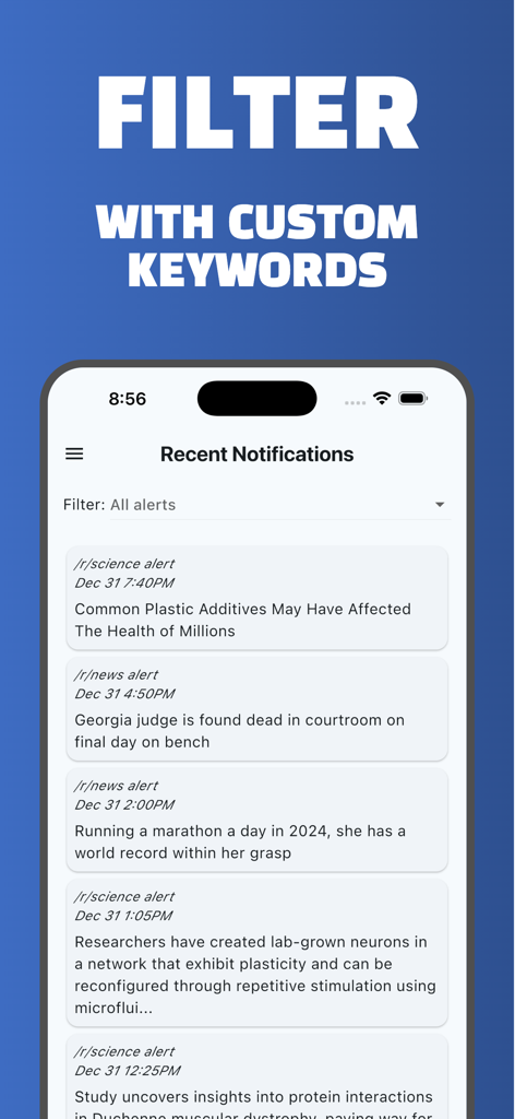 Alerts for Reddit - A smartphone screen showing the Alerts for Reddit app interface with a list of recent notifications and a title emphasizing filtering with custom keywords.